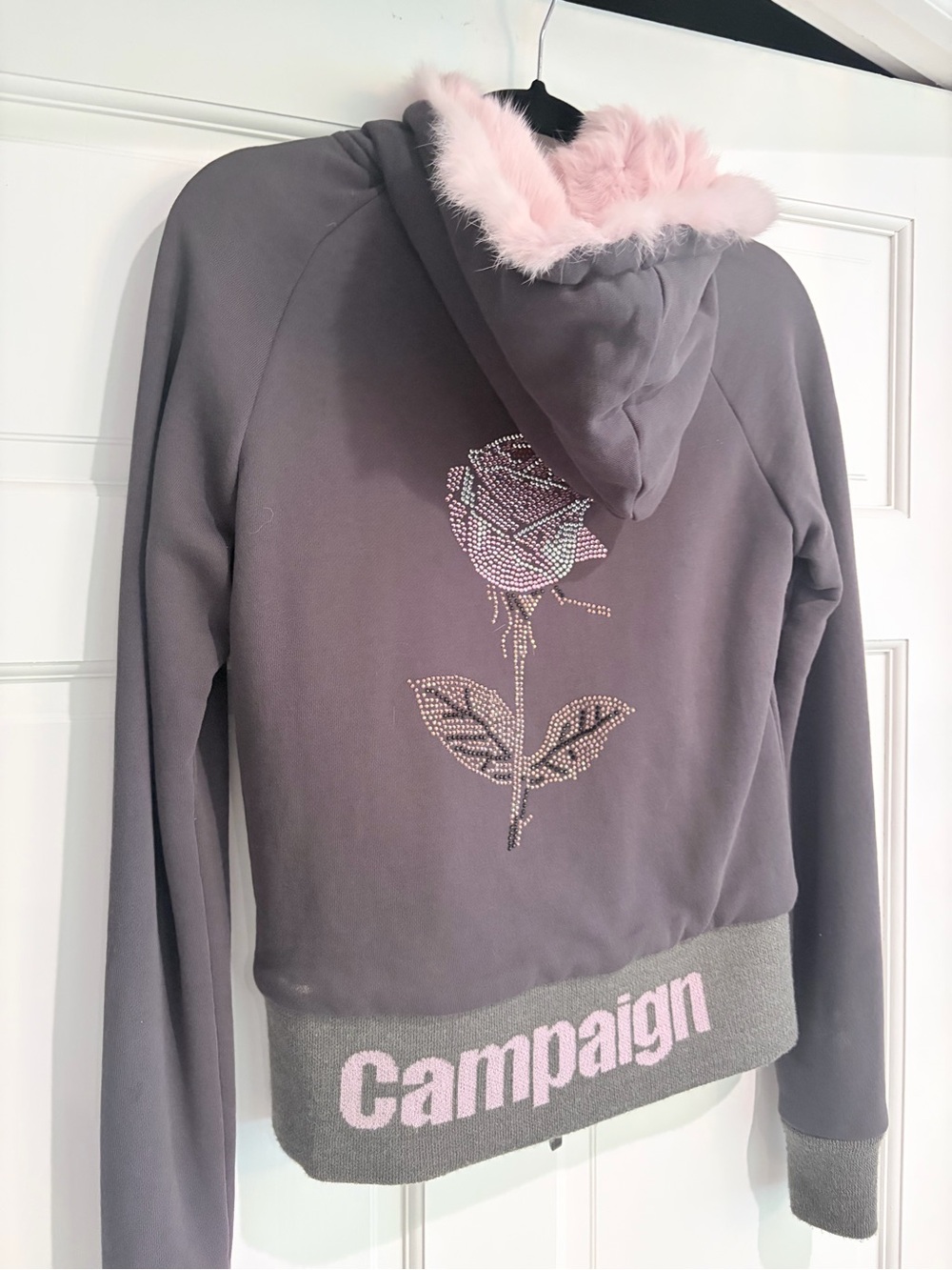 Camille La Vie Y2K Gray Pink Faux Fur Rhinestone Campaign Hoodie